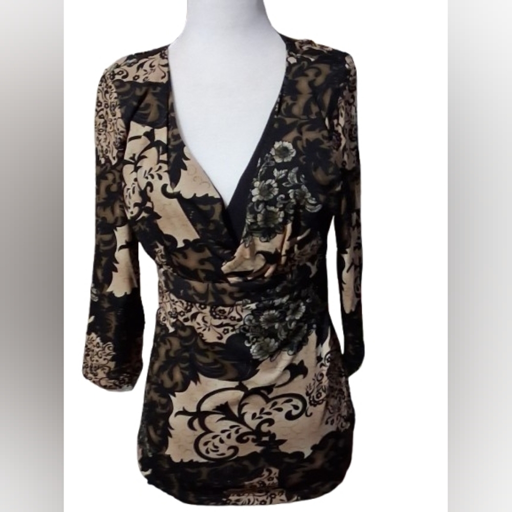 NWOT INC International Concepts Mid Sleeve Blouse, Shirt, Browns & Black, Size L